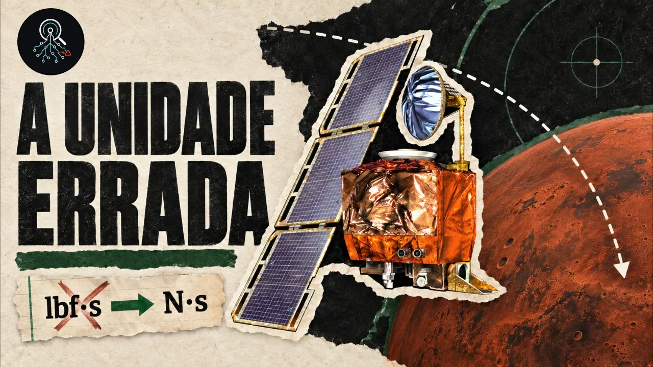 Colagem ilustrativa com sonda perto de Marte e as unidades libra-força-segundo e newton-segundo.