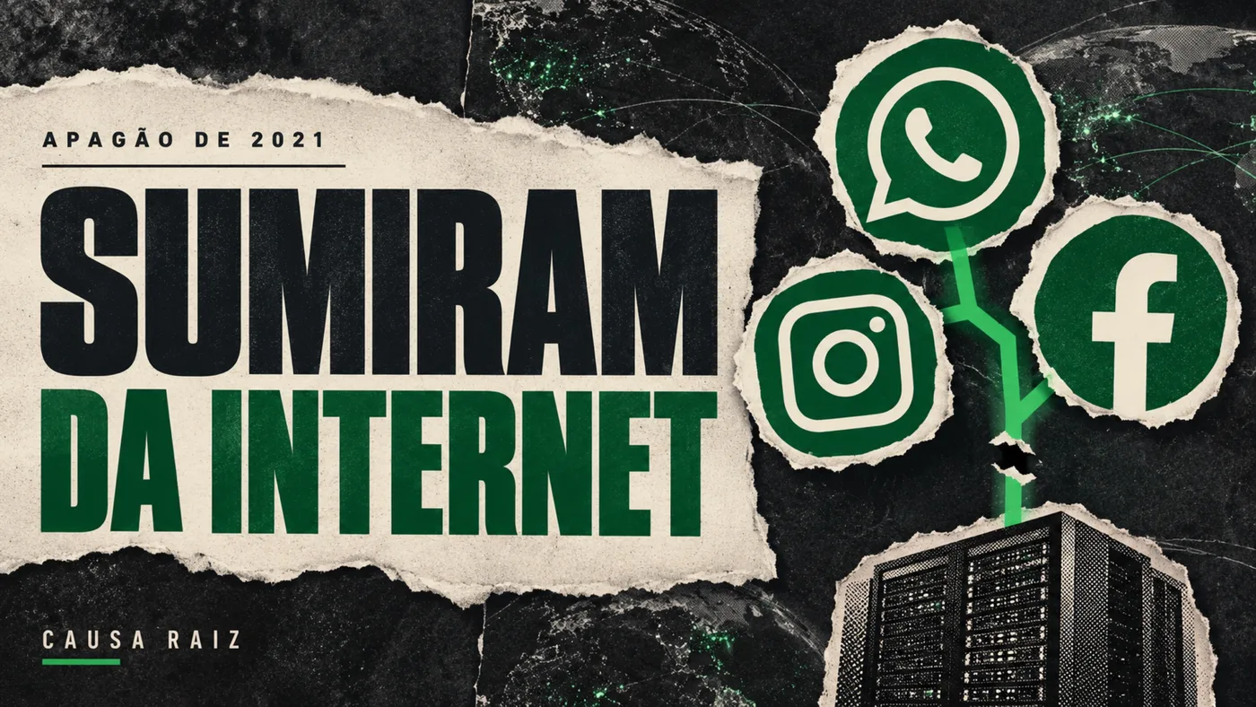 Colagem ilustrativa com símbolos dos aplicativos ligados a servidores e a frase Sumiram da internet.