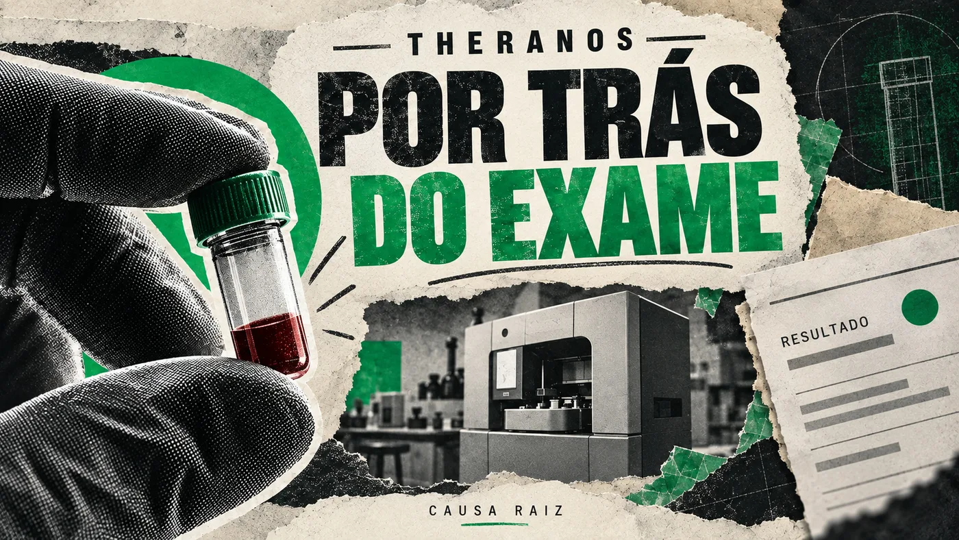 Colagem ilustrativa com frasco de sangue, equipamento e resultado de exame fictício.